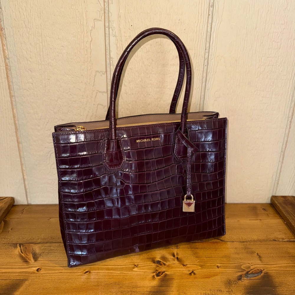 Michael Kors Mercer Gallery‎ Plum Croc Embossed Leather Satchel NWOT Defect